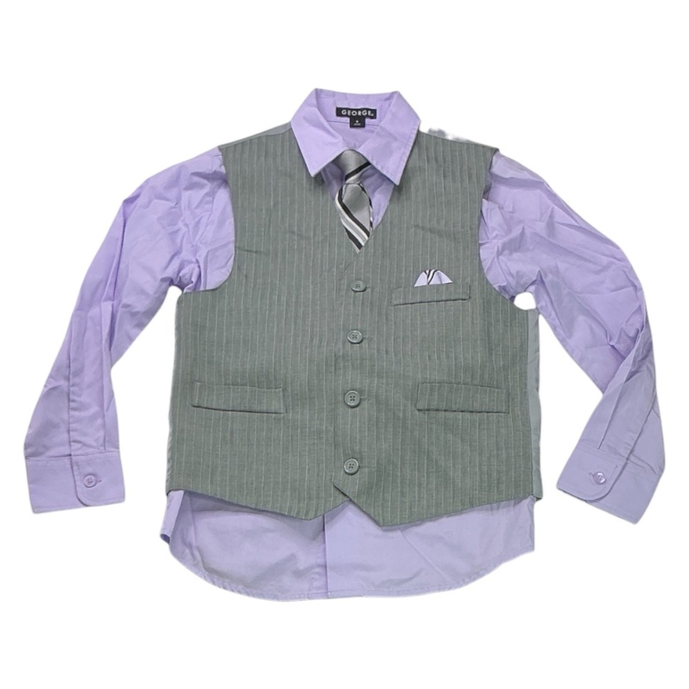 George Purple Grey Vest Shirt Tie Set Kids Size 8 Pinstripe Formal 3pc GB13214